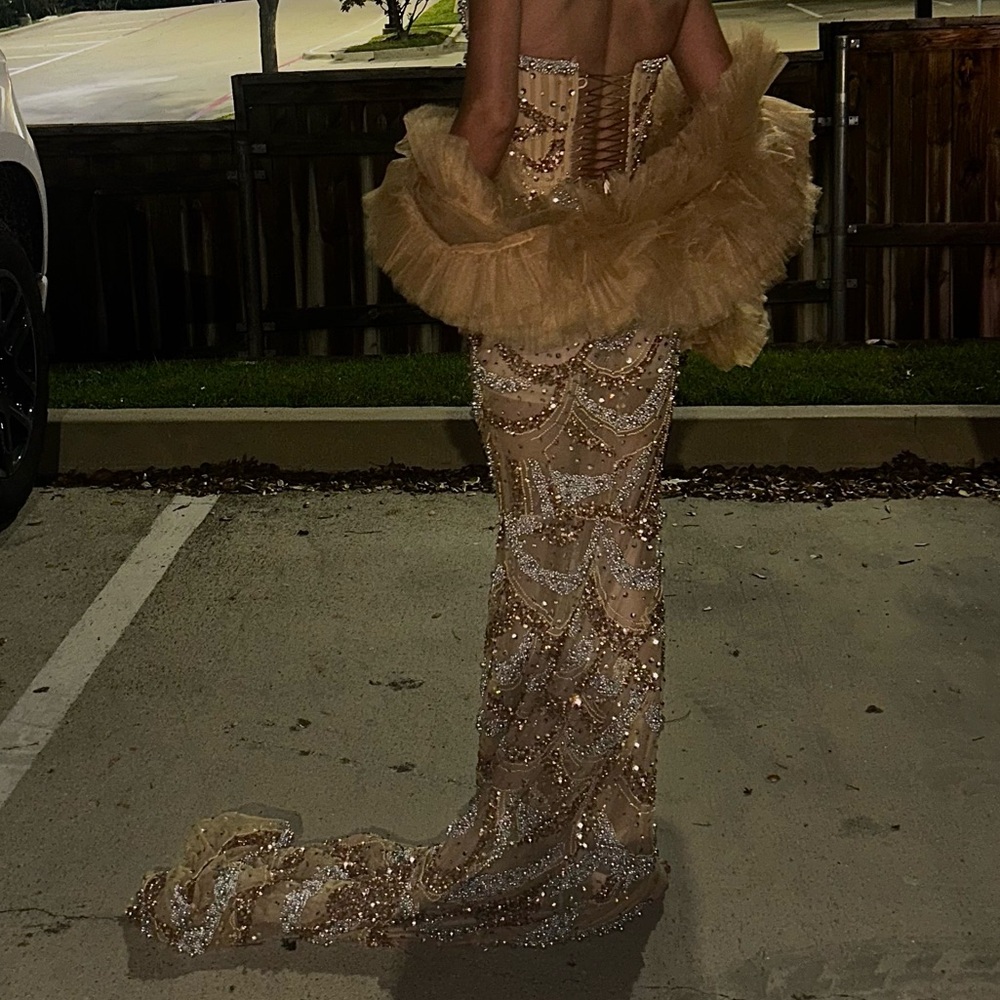 Gold Strapless Embellished Evening Gown - Picture 6 of 8